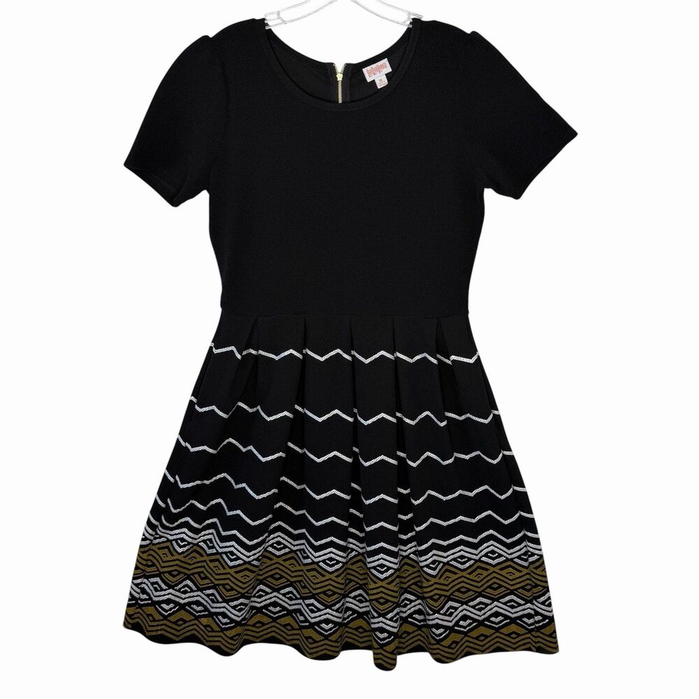 LULAROE Women's Amelia Dress Black w/ White & Gold Zigzags Size XL Casual Career